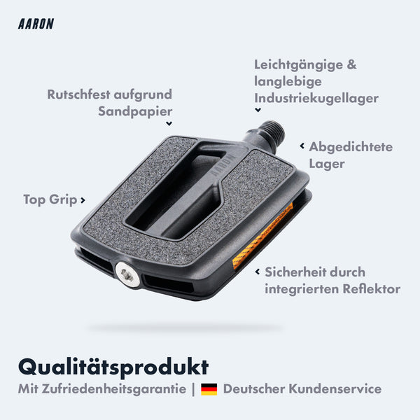 AARON Urban Fahrradpedale - Schwarz mit rutschfester Sandpapieroberfläche und integriertem Reflektor für mehr Sicherheit.