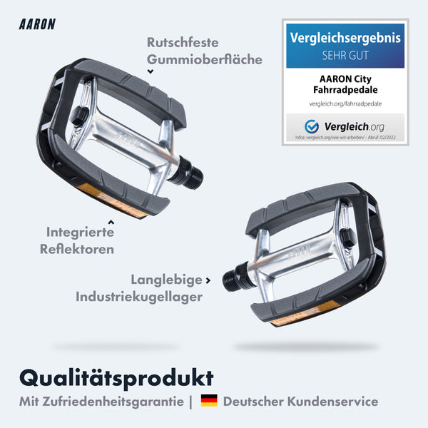 AARON City Fahrradpedale - Grau - Rutschfest mit Industrie-Kugellager und Reflektoren, langlebig und sicher für Stadträder