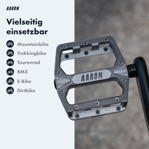 AARON Rock MTB Pedale - Grau mit großer Plattform und austauschbaren Pins für optimalen Halt beim Mountainbiken
