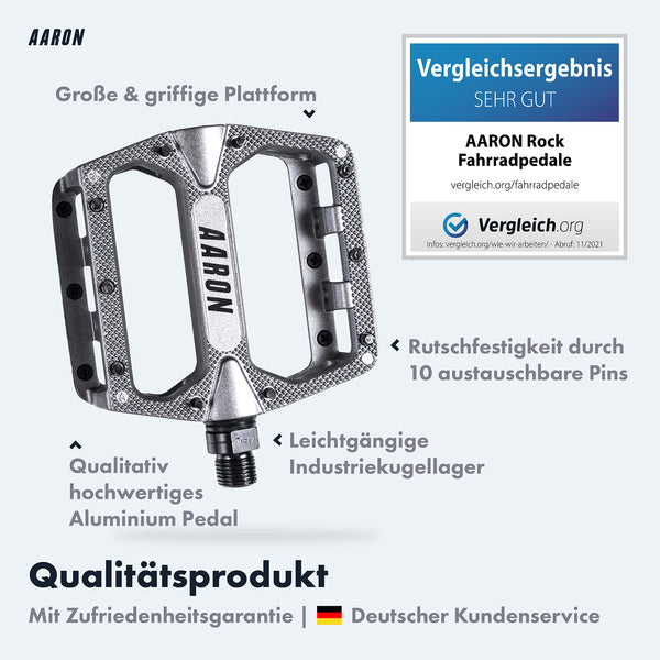 AARON Rock MTB Pedale - Grau mit großer Plattform, austauschbaren Pins und langlebigen Industriekugellagern aus Aluminium.