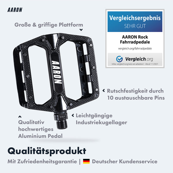 AARON Rock MTB Pedale - Schwarz, Aluminium Fahrrad Pedal mit großer Plattform und 10 austauschbaren Pins für guten Grip