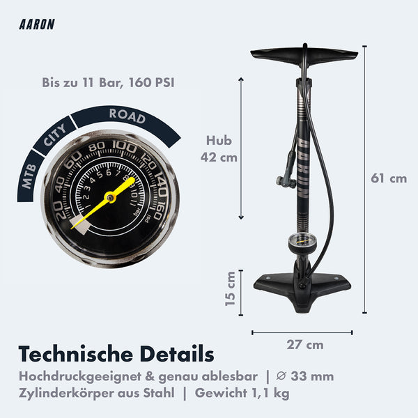 AARON Sport One Fahrradpumpe Schwarz/Grau mit Manometer, Stahlzylinder, 11 Bar Max Druck, universellem Doppelpumpenkopf.