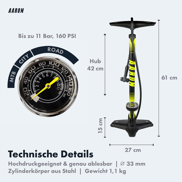 AARON Sport One Fahrradpumpe - Gelb mit großem Manometer bis 11 Bar und stabilem Standfuß aus Stahl