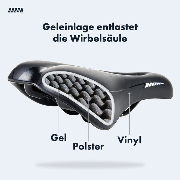AARON Trekking Fahrradsattel mit Gelpolster und Vinyloberfläche für MTB, City und Trekking, Damen und Herren.