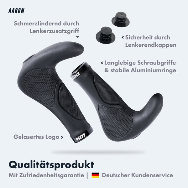 AARON Horn - Ergonomische Fahrradgriffe schwarz mit Lenkerzusatzgriff, Schraubgriffen und Lenkerendkappen, 138 mm lang.