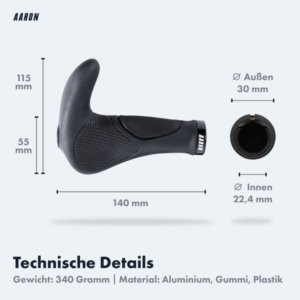 AARON Horn - Ergonomische Fahrradgriffe - Schwarz mit Schraubklemmung und Komfort-Gel für sicheren Halt am Lenker.