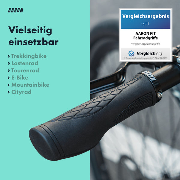 AARON Fit Fahrradgriffe - Ergonomisch - Schwarz mit rutschfester Oberfläche und stabilem Aluminium Ring am Lenker montiert
