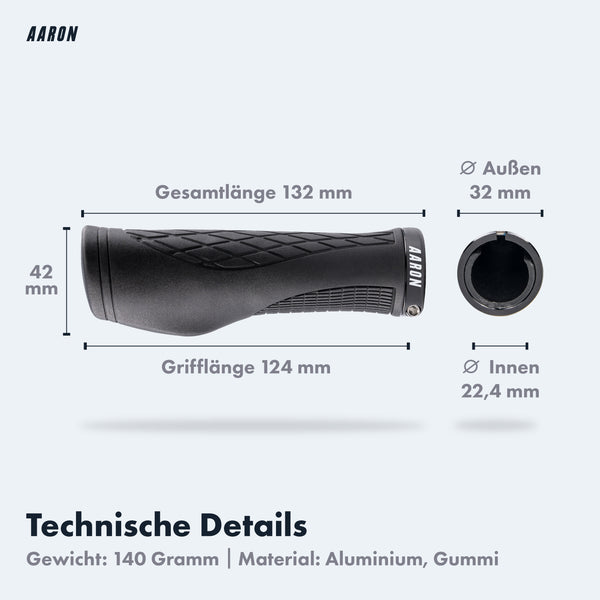 AARON Fit Fahrradgriffe ergonomisch schwarz mit Anti-Rutsch, 124 mm Griff, Aluminium und Gummi, für Komfort und Dämpfung.