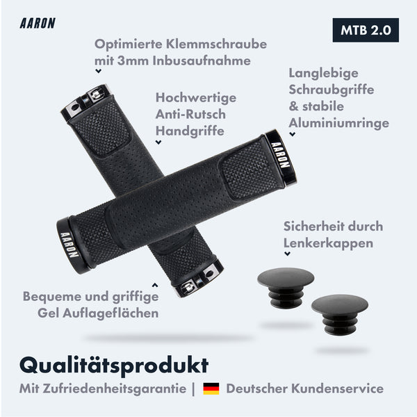 AARON MTB Fahrradgriffe - Schwarz mit rutschfesten Gelauflagen, stabilen Aluminiumringen und Sicherung durch Lenkerkappen.