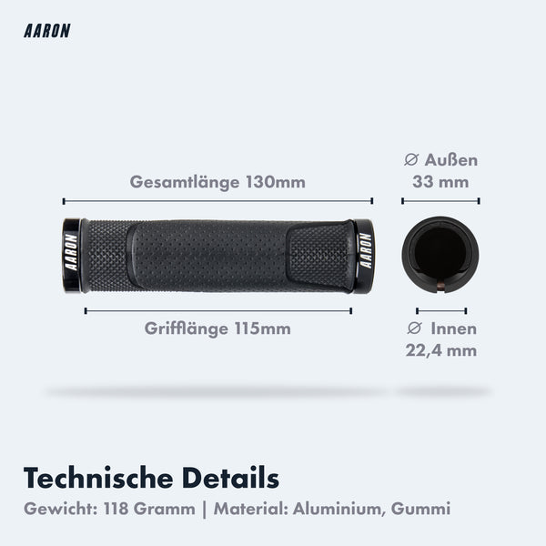 AARON MTB Fahrradgriffe - Schwarz mit rutschfestem Design, 130 mm Länge, 33 mm Außendurchmesser, ergonomisch und langlebig.