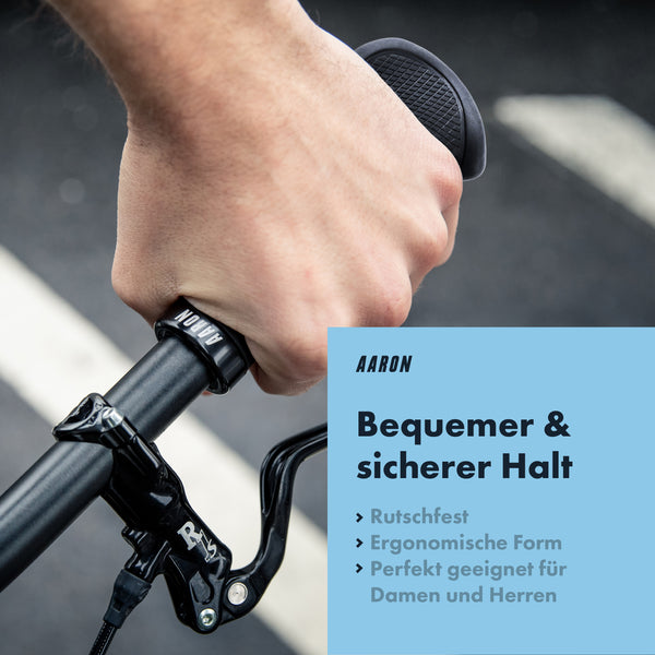 AARON Ergonomic Fahrradgriffe - mit Gel-Dämpfung - Schwarz am Lenker montiert für sicheren und komfortablen Halt beim Radfahren.