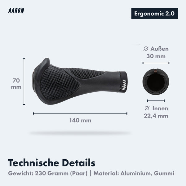 AARON Ergonomic Fahrradgriffe mit Gel-Dämpfung in Schwarz, Maße 140 mm Länge, Außendurchmesser 30 mm, ergonomisch geformt.