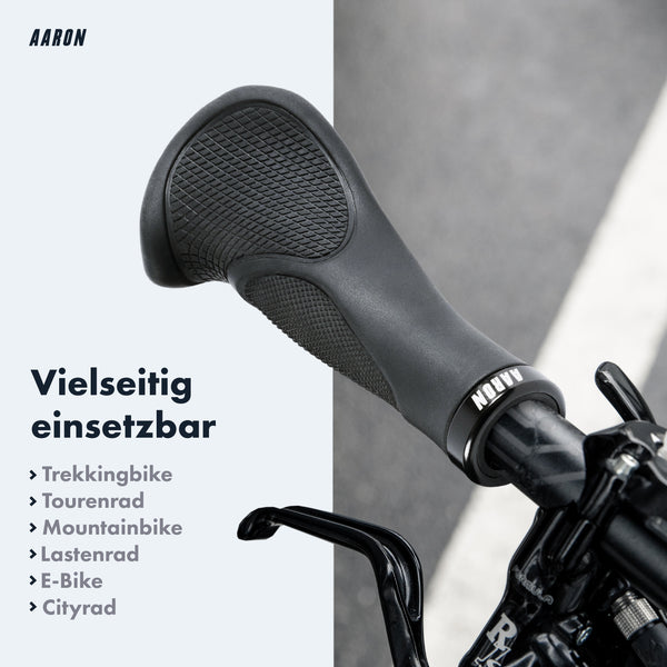 AARON Ergonomic Fahrradgriffe mit Gel-Dämpfung in Schwarz für komfortablen Halt an Trekking- und Mountainbikes.