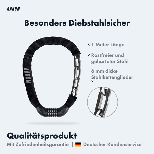 AARON Lock One Fahrradschloss mit Zahlencode schwarz, 1 Meter lange gehärtete Stahlkette mit Nylonschutzhülle