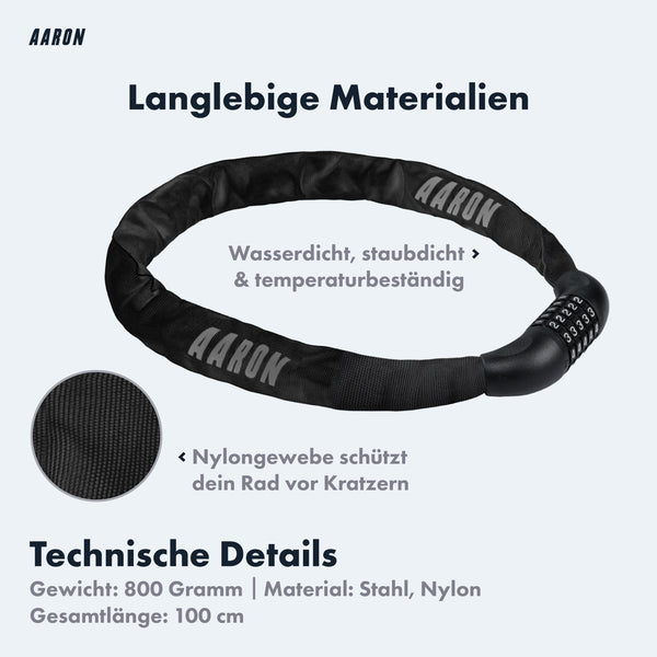 AARON Lock One Fahrradschloss mit Zahlencode Schwarz aus wasserfestem Nylongewebe und gehärtetem Stahl, 100 cm lang.