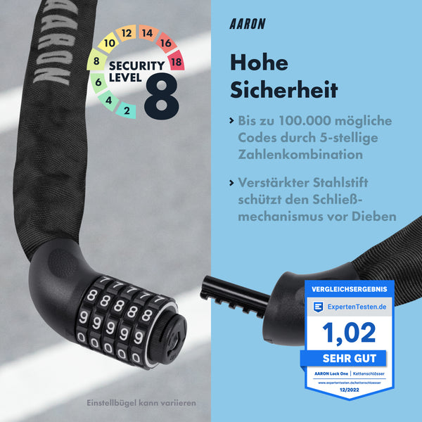 AARON Lock One Fahrradschloss mit Zahlencode - schwarzes Kettenschloss mit 5-stelliger Kombination und hohem Diebstahlschutz