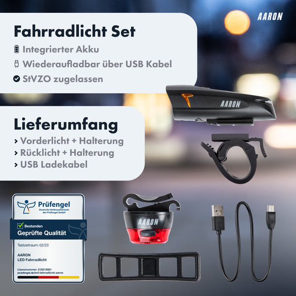 AARON LUX Fahrradlicht Set mit integriertem Akku, StVZO zugelassen, USB Ladekabel, Vorder- und Rücklicht mit Halterung.