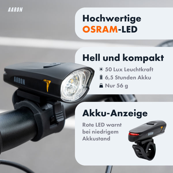 AARON LUX Fahrradlicht Set mit OSRAM-LED, 50 Lux Frontlicht, 6,5 Stunden Akku und roter Akku-Anzeige am Rücklicht.