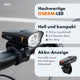 AARON LUX Fahrradlicht Set mit OSRAM-LED, 50 Lux Frontlicht, 6,5 Stunden Akku und roter Akku-Anzeige am Rücklicht.