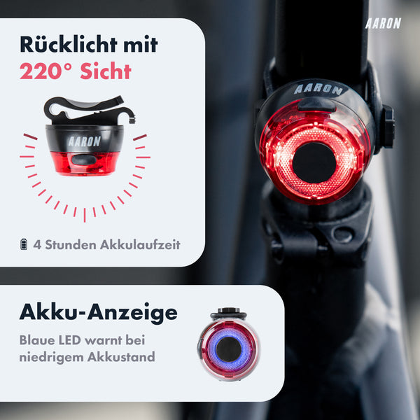 AARON LUX Fahrradlicht Set mit StVZO zugelassenem Rücklicht, 220° Sicht und Akku-Anzeige für sichere Fahrradbeleuchtung.