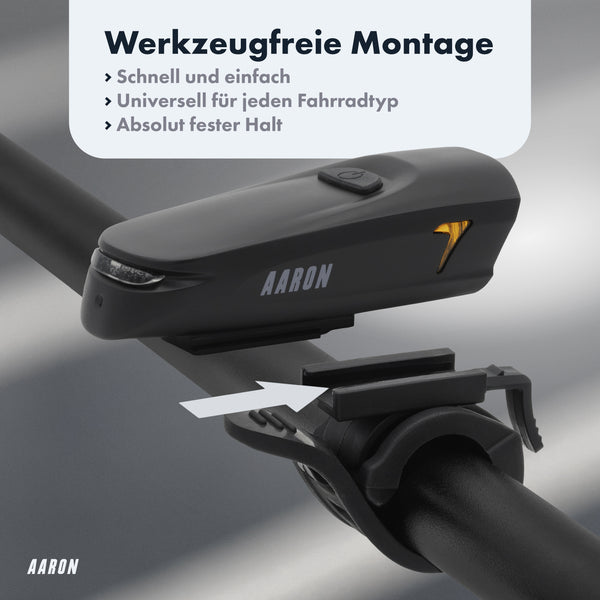 AARON LUX Fahrradlicht Set mit werkzeugfreier Montage für Lenker, Front- und Rücklicht, StVZO zugelassen.