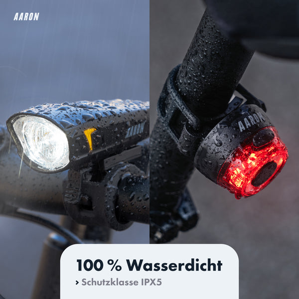 AARON LUX Fahrradlicht Set StVZO zugelassen, wasserdicht mit Front- und Rücklicht, IPX5 Schutzklasse bei Regen.
