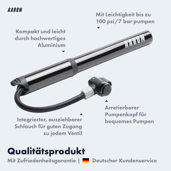 AARON Pocket One - Mini Fahrrad Pumpe - Schwarz mit ausziehbarem Schlauch und Pumpenkopf für bis zu 7 Bar Druck.
