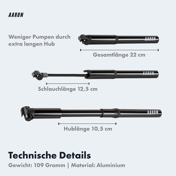 AARON Pocket One - Mini Fahrrad Pumpe Schwarz mit 22 cm Länge, 10,5 cm Hub und 12,5 cm Schlauchlänge aus Aluminium.