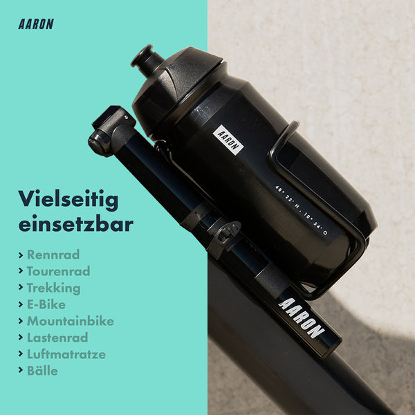 AARON Pocket One - Mini Fahrrad Pumpe - Schwarz, kompakt, vielseitig und passend für alle Ventile.