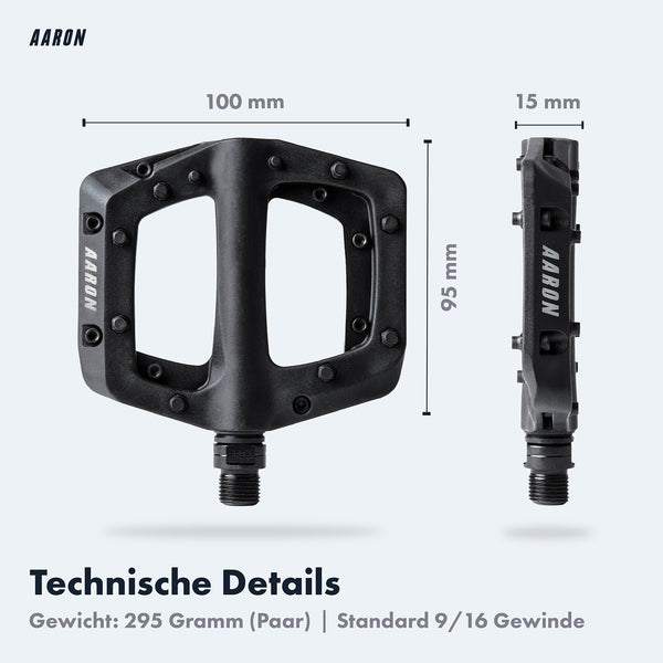 AARON Dirt MTB Fahrradpedale - Schwarz mit Maßen 100x95x15 mm und sichtbarem Schriftzug auf schwarzem Pedalrahmen