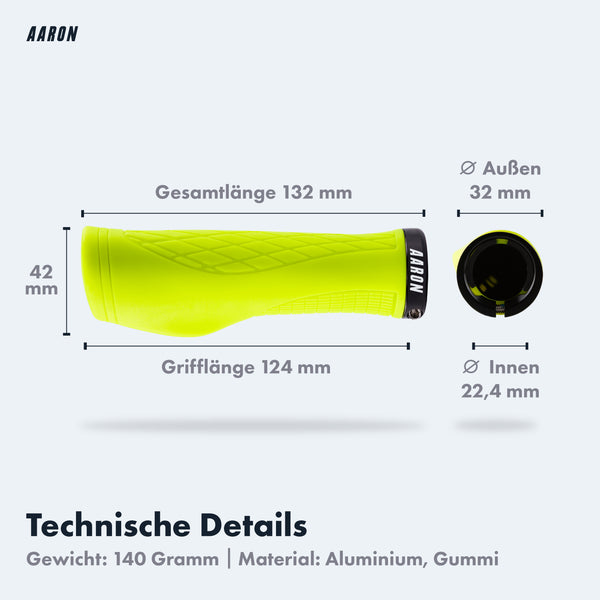 AARON Fit Fahrradgriffe - Ergonomisch Gelb mit Maßen, Aluminiumring und rutschfester Gummioberfläche, 132 mm lang.