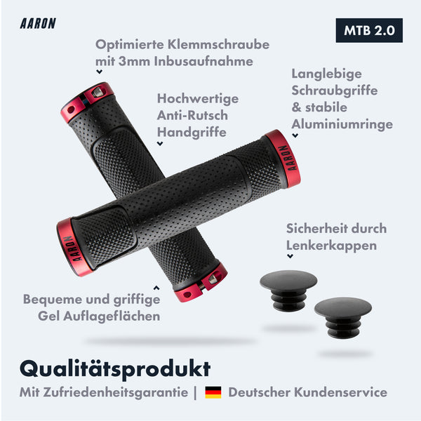 AARON MTB Fahrradgriffe - Rot mit rutschfesten Gelgriffzonen, stabilen Schraubgriffen und Lenkerkappen für sicheren Halt.