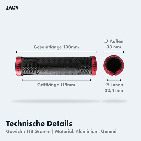 AARON MTB Fahrradgriffe - Rot mit rutschfester Gummioberfläche, 130 mm Länge und ergonomischem Design.