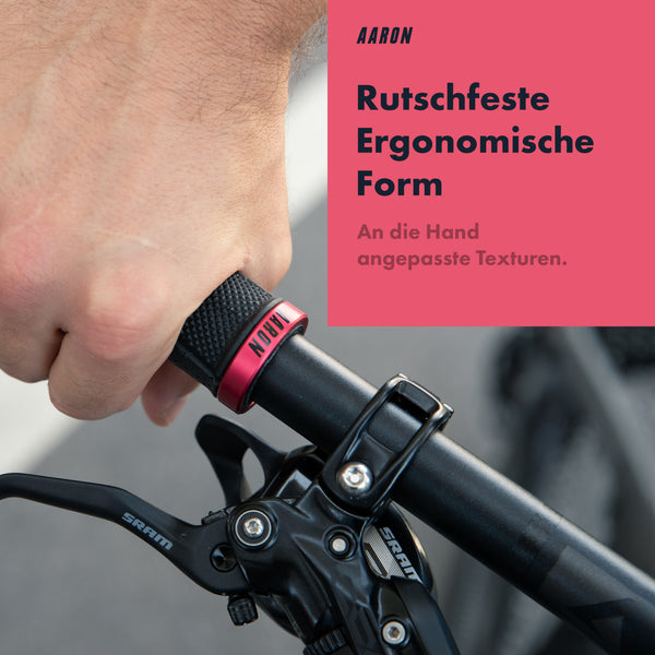 AARON MTB Fahrradgriffe - Rot mit rutschfester, ergonomischer Form und an die Hand angepassten Texturen am Fahrradlenker.