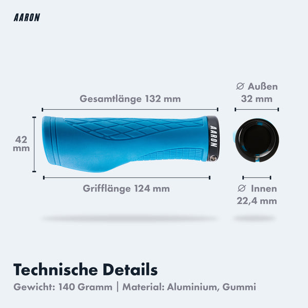 AARON Fit Fahrradgriffe Blau mit ergonomischer Form, 124 mm Griff Länge, Anti-Rutsch, Aluminium und Gummi Material.