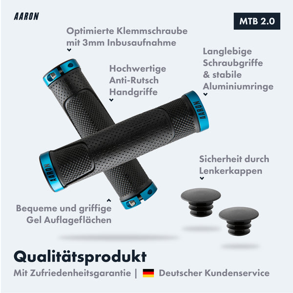 AARON MTB Fahrradgriffe - Blau mit rutschfesten Gel-Handgriffen, Aluminiumringen und Klemmverschluss für sicheren Halt