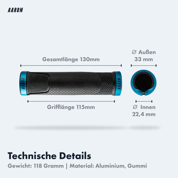 AARON MTB Fahrradgriffe - Blau mit 130mm Länge, 33mm Außendurchmesser, rutschfest und ergonomisch für komfortables Mountainbiken.