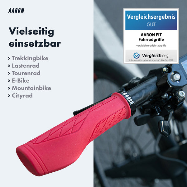 AARON Fit Fahrradgriffe - ergonomisch geformt, rot, rutschfest und komfortabel für Mountainbike und Cityrad Lenker.