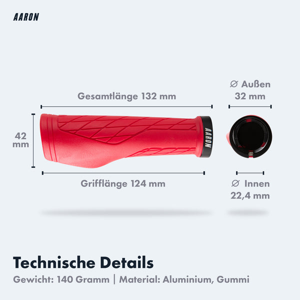 AARON Fit Fahrradgriffe - Ergonomisch - Rot mit Anti-Rutsch, Aluminiumring und Griffmaß 124 mm für Mountainbikes.