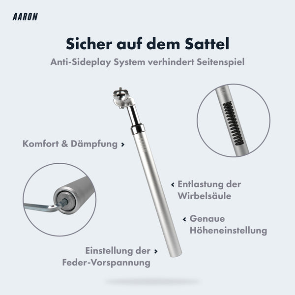AARON Spring Federsattelstütze mit Anti-Sideplay System, Federweg 40 mm, einstellbarer Vorspannung, Silber in 27,2-31,6 mm.