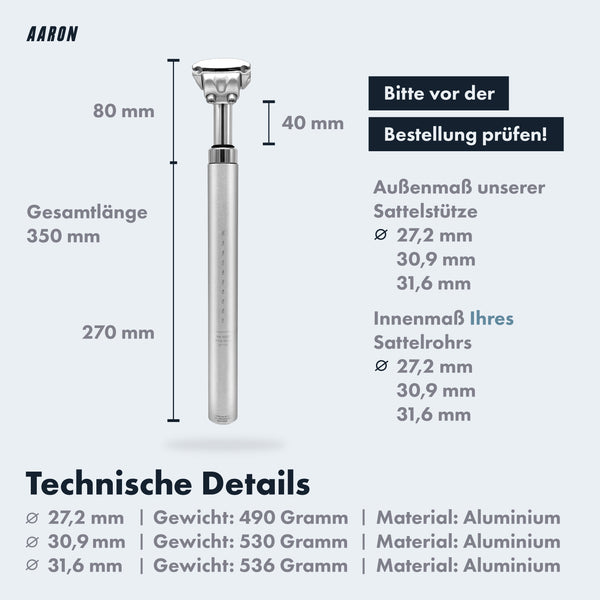 AARON Spring Federsattelstütze 27,2, 30,9 oder 31,6 mm in Silber mit 40 mm Federweg und Aluminium-Material