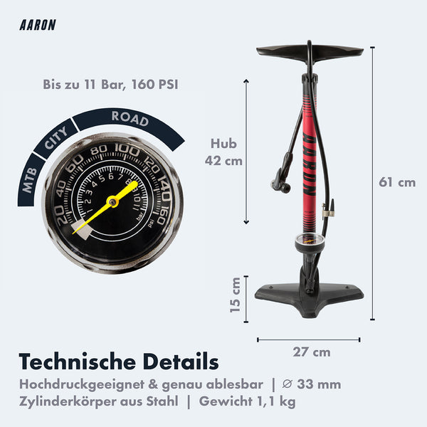 AARON Sport One Fahrradpumpe - Rot mit Manometer bis 11 Bar, Stahlzylinder, ergonomischem Griff und stabilem Standfuß.