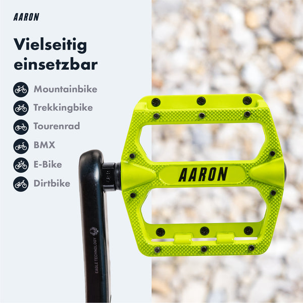 AARON Rock Pedale - Gelb - B-WARE mit großer rutschfester Plattform und sichtbarem Logo für vielseitigen Einsatz am Fahrrad