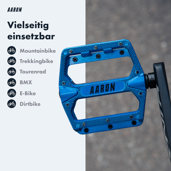 AARON Rock MTB Pedale - Blau aus Aluminium mit rutschfester Plattform und austauschbaren Pins für vielseitigen Einsatz