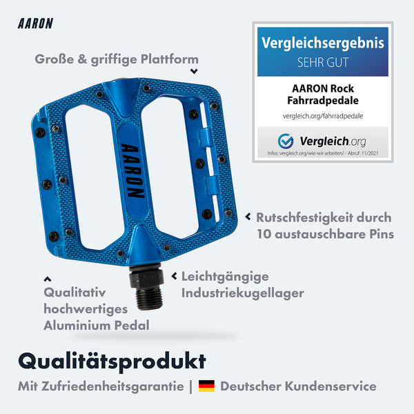 AARON Rock MTB Pedale - Blau mit großer Plattform, 10 Pins und leichtgängigen Industriekugellagern für Mountainbikes.