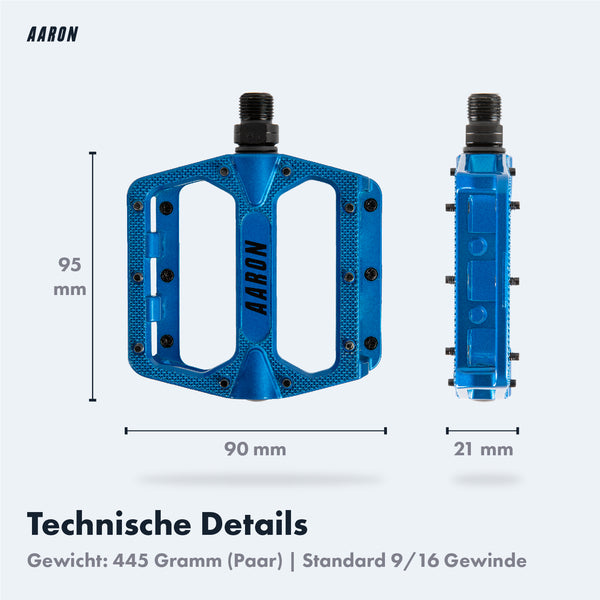 AARON Rock MTB Pedale - Blau, Aluminium Plattformpedale mit Industriegehärteter CroMo Achse und 10 austauschbaren Pins