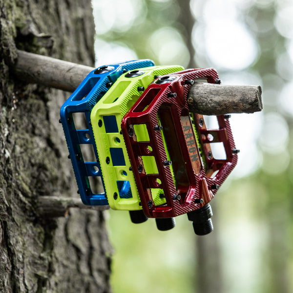 AARON Rock MTB Pedale - Blau, gelb und rot, hochwertige Aluminium Mountainbike Pedale mit austauschbaren Pins am Baum angebracht.