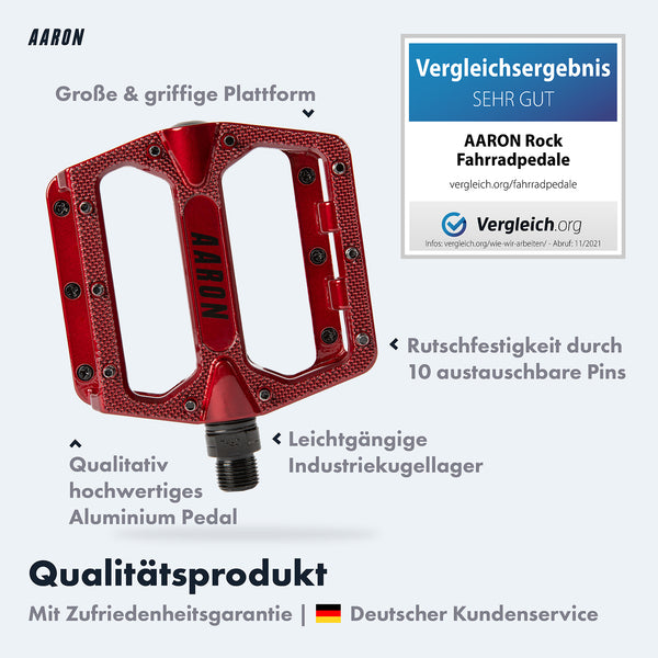 AARON Rock MTB Pedale - Rot mit großer Plattform, 10 Pins, Aluminium und langlebigen Industrielagern für besten Grip beim Mountainbiken.
