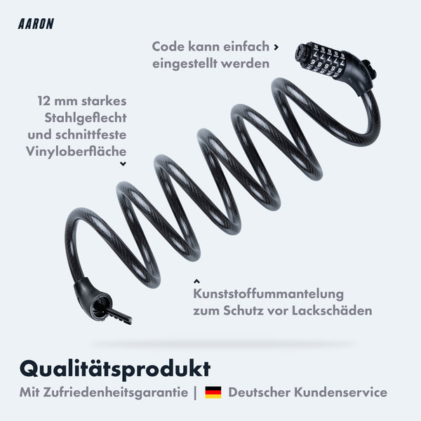 AARON Spin Fahrradschloss - mit Zahlencode - 180 cm, stabiles Stahlseil mit Kunststoffummantelung und 5-stelligem Zahlencode.