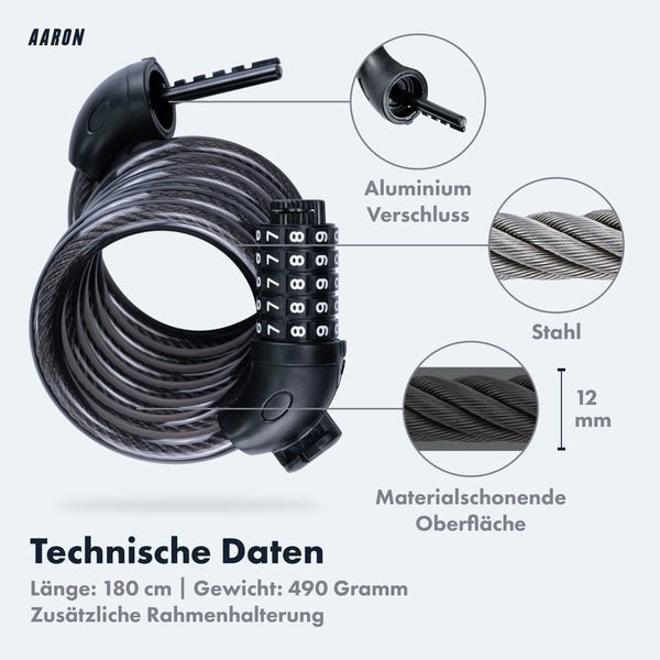 AARON Spin Fahrradschloss mit Zahlencode 180 cm aus Stahl mit aluminium Verschluss und gummierter Oberfläche